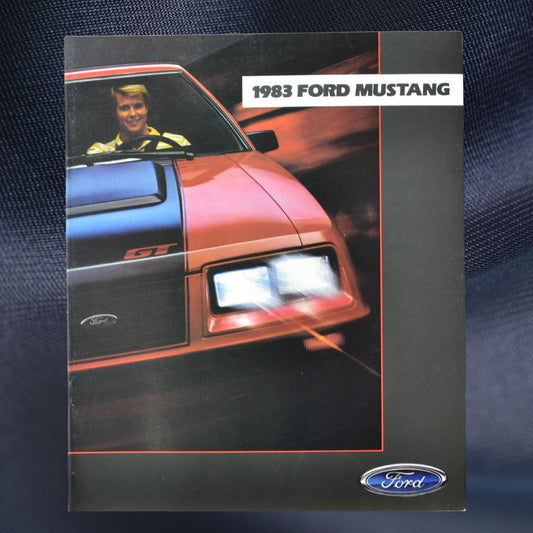 1983 Ford Mustang brochure cover featuring the Foxbody Mustang GT with bold red and black design