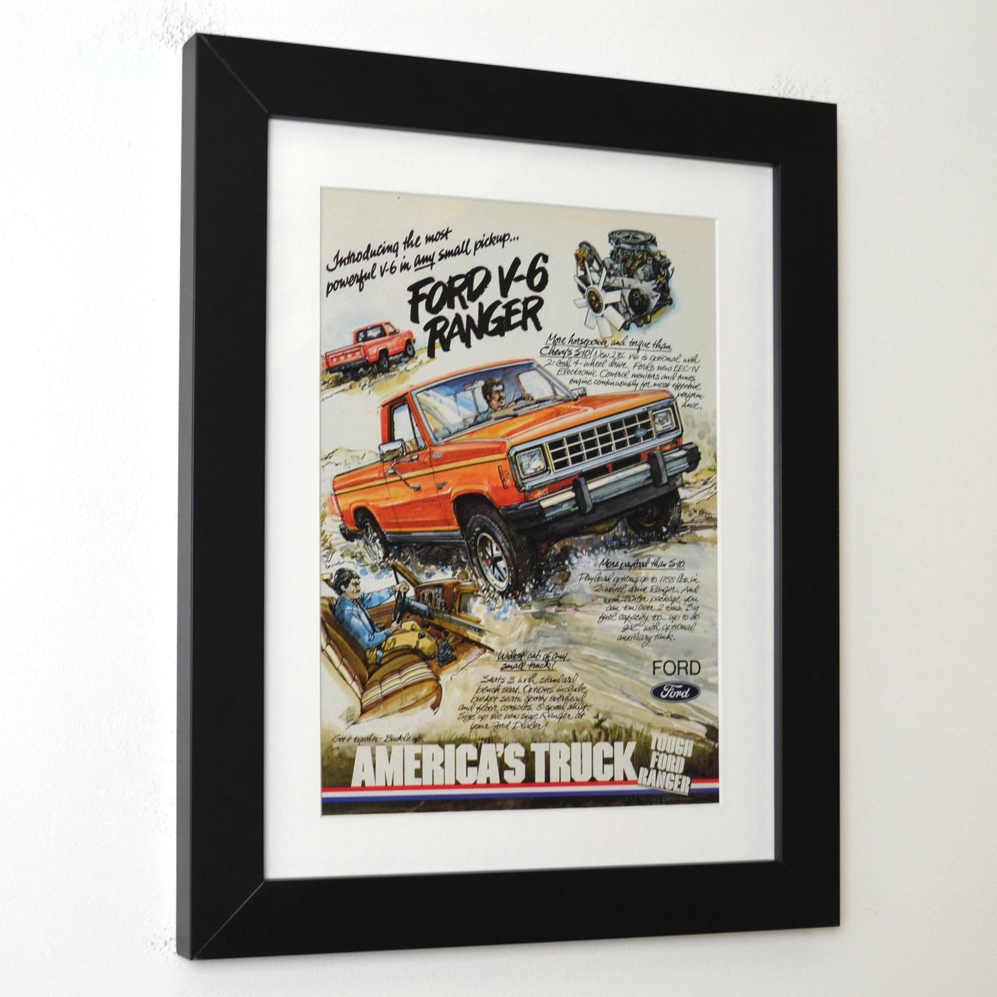 Framed advertisement for Ford Y-6 Ranger truck on a white background