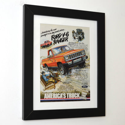 Framed advertisement for Ford Y-6 Ranger truck on a white background