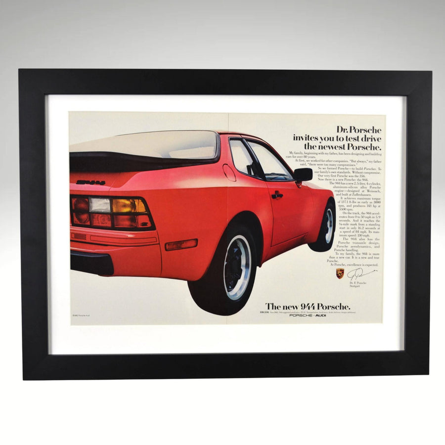 Framed 1983 red Porsche 944 print ad – rear view with Dr. Porsche message

