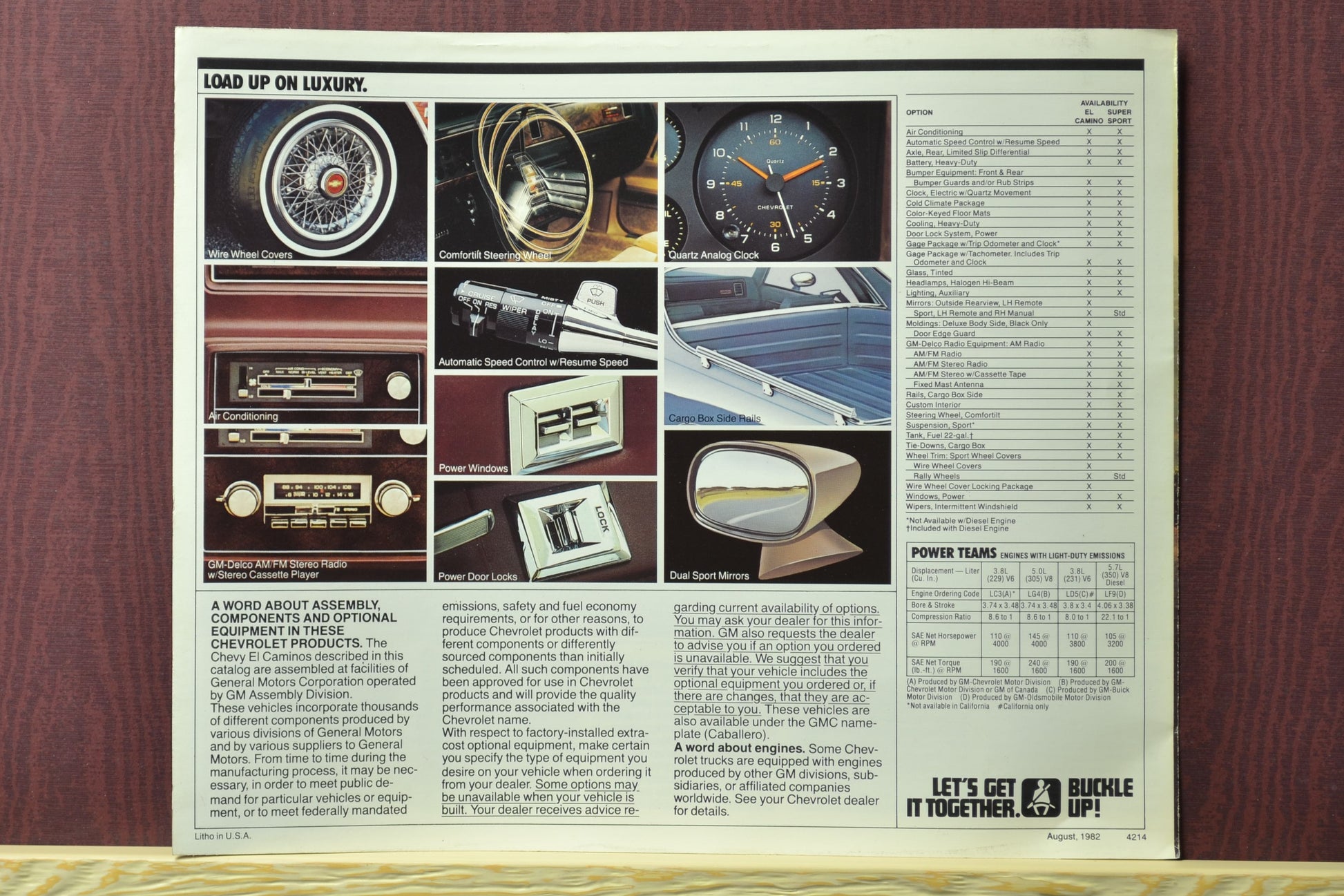 1983 Chevy elcamino brochure back cover Showcasing options like custom upholstery, steering enhancements, and a detailed specification 