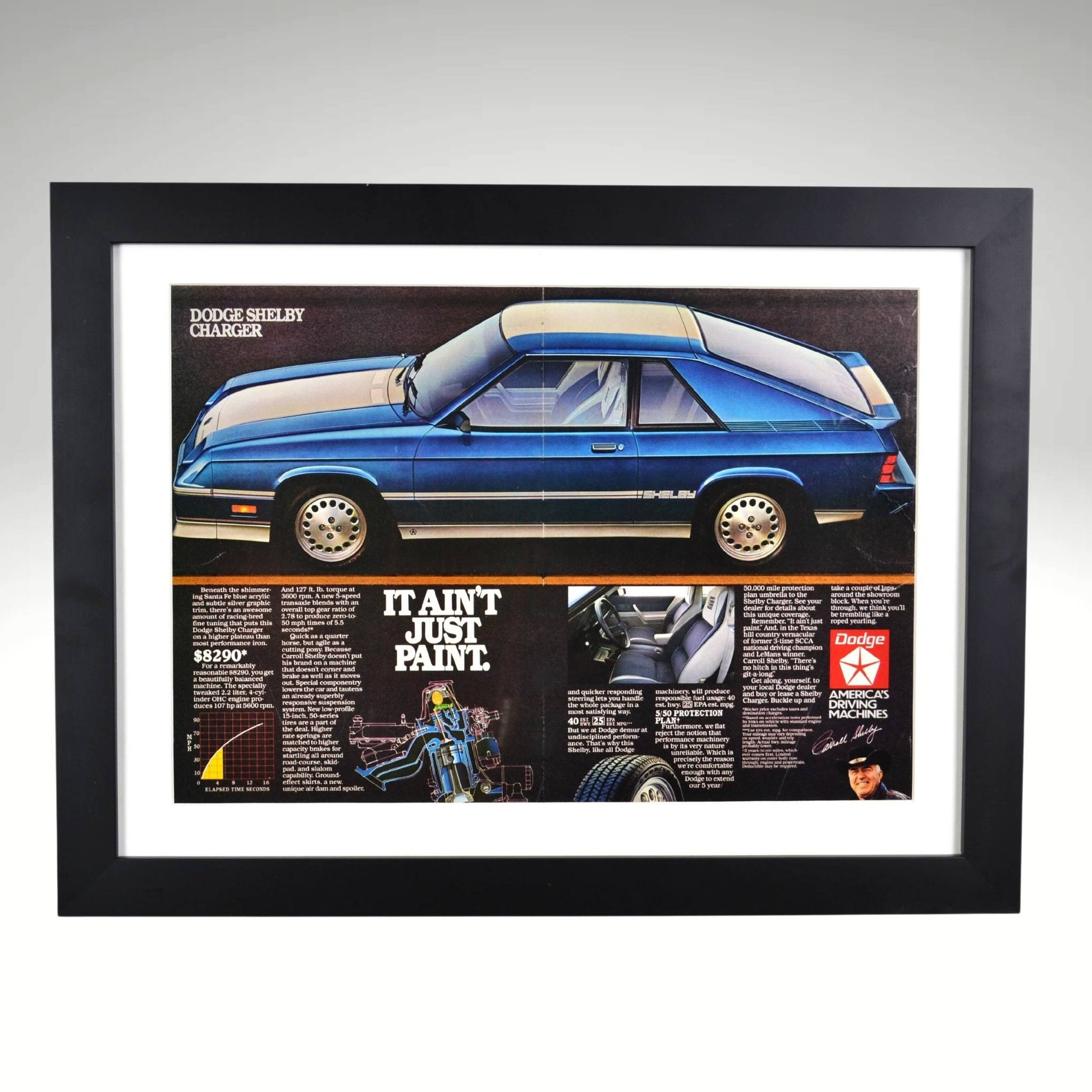 1983 Dodge Shelby Charger framed print ad featuring the iconic Shelby collaboration, "It Ain't Just Paint" slogan, and details from the John Barnes Collection.

