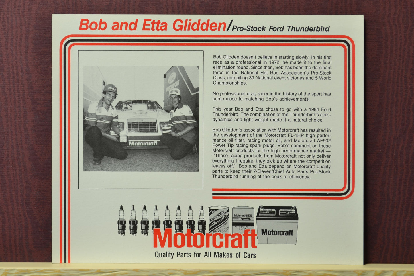 1984 Bob & Etta Glidden Pro Stock Thunderbird hero card featuring a black-and-white image of the duo posing with their Motorcraft-backed race car.