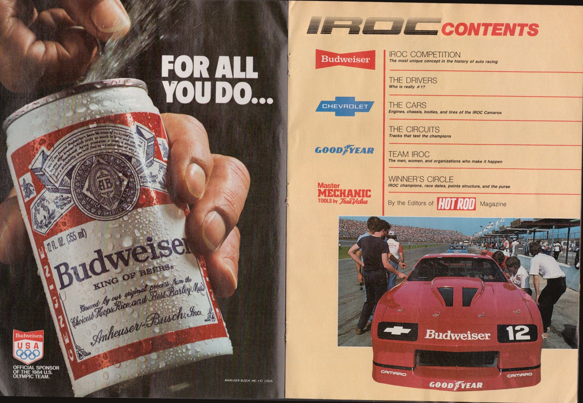 Budweiser beer can held by a hand with IROC car and racing scene on the right.