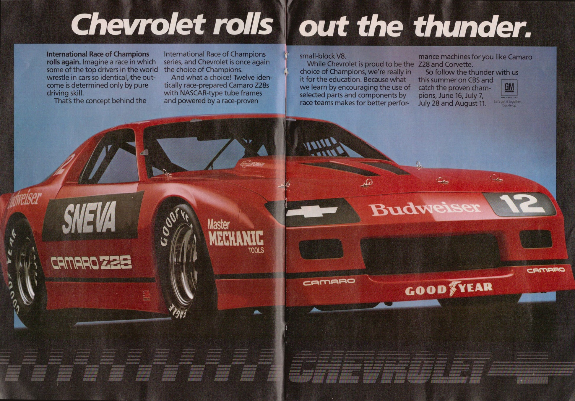 Vintage advertisement for a red Chevrolet Camaro Z28 race car with various sponsor logos.