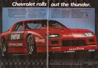 Vintage advertisement for a red Chevrolet Camaro Z28 race car with various sponsor logos.