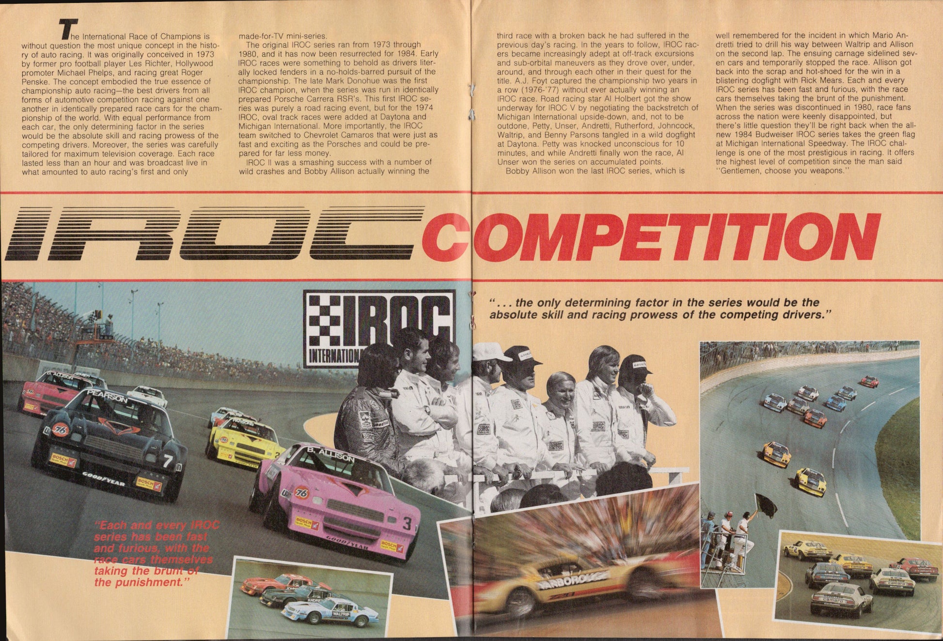 Vintage IROC Competition brochure with race cars and team members on a beige background