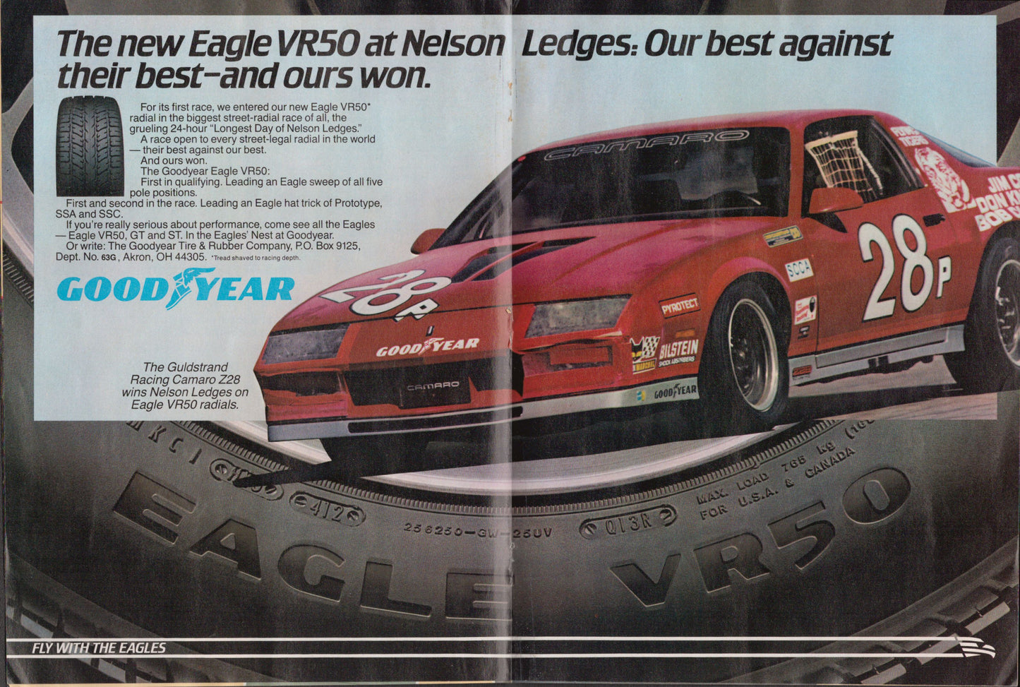 Advertisement for a racing car with Goodyear and Eagle VR50 branding.
