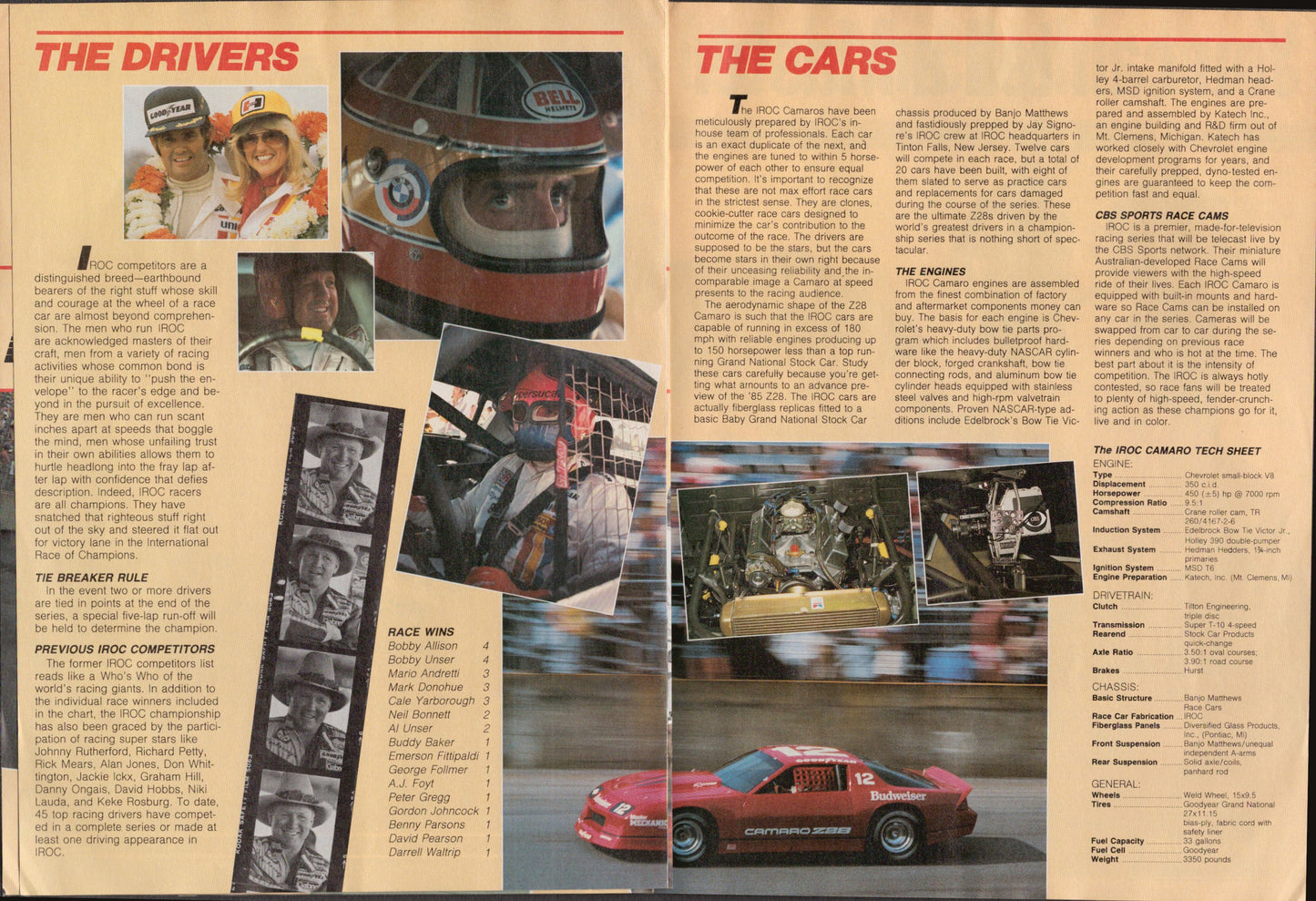 Page from a magazine or book about race cars and drivers, featuring text and images of a driver and car.