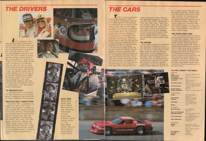 Page from a magazine or book about race cars and drivers, featuring text and images of a driver and car.