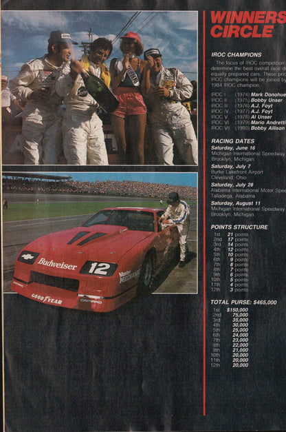 Race event poster with winners circle, race car, and participants.