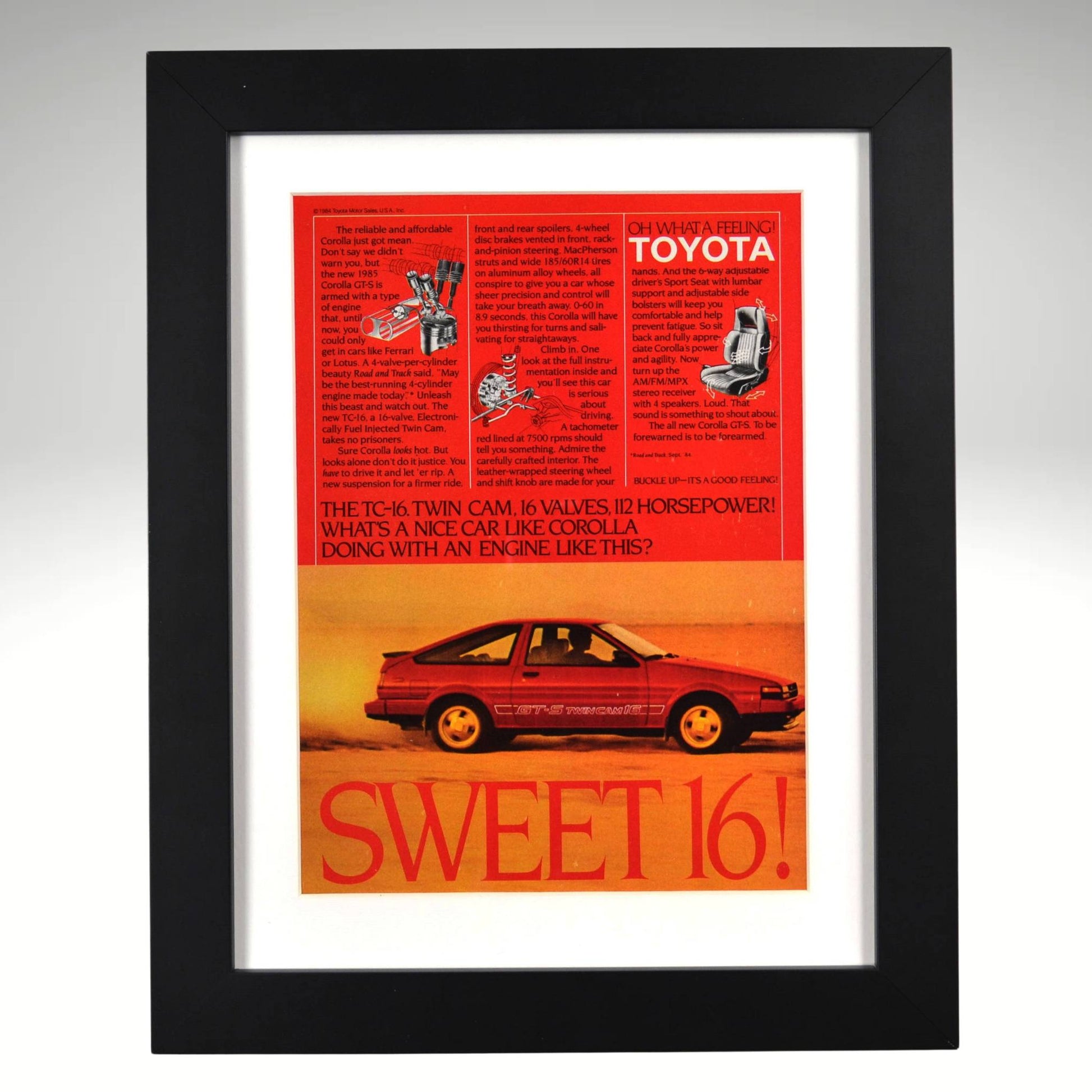 1984 Toyota Corolla GT-S AE86 sweet 16 twin cam ad framed 12x15 print