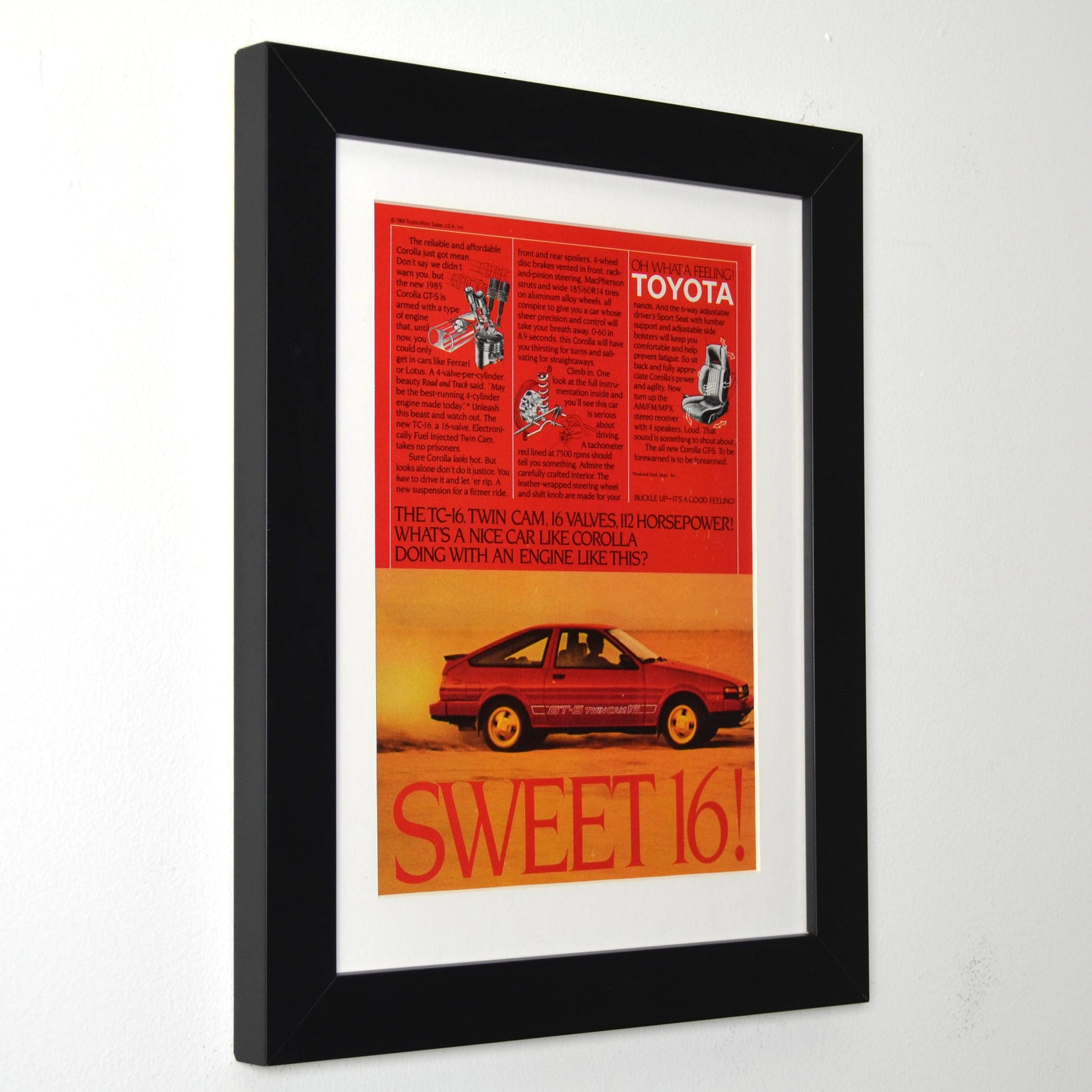 1984 Toyota Corolla GT-S AE86 sweet 16 twin cam ad framed 12x15 print side view