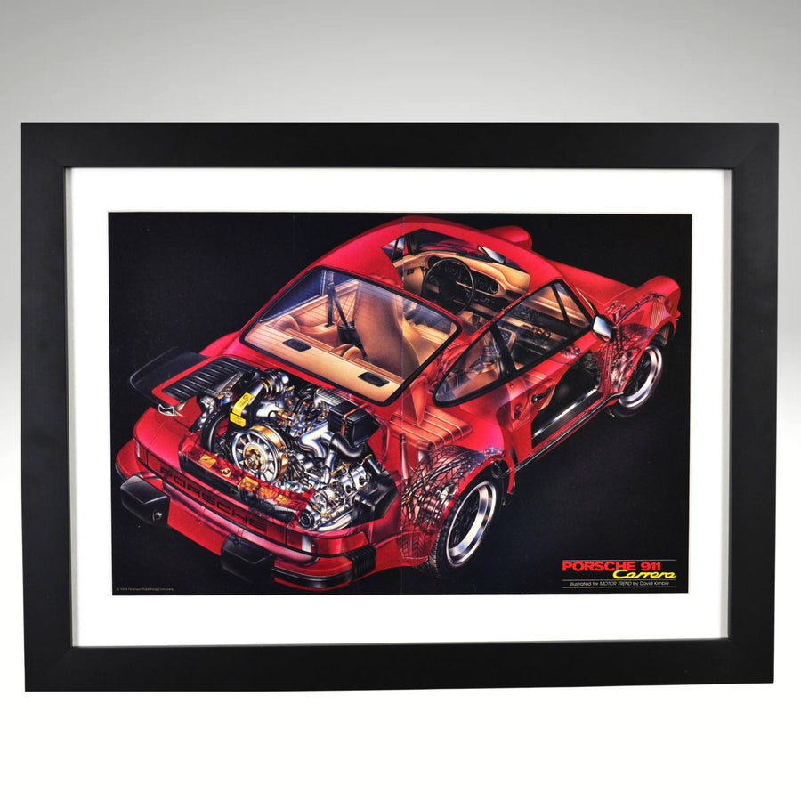 Framed 15x20 print of 1984 Porsche 911 Carrera ad with full technical cutaway view in red on black background