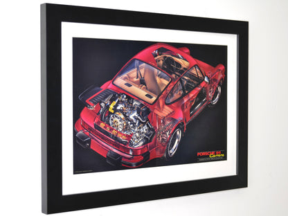 Framed 15x20 print of 1984 Porsche 911 Carrera ad with full technical cutaway view in red on black background side view