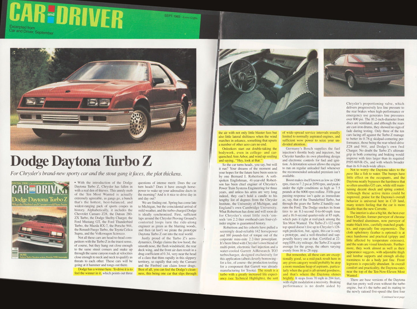 An open magazine spread featuring an article about the Dodge Daytona Turbo Z, with a large photo of the red car on the left page and interior/intercar photos and text on the right page.