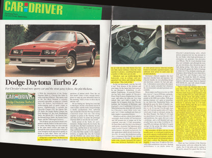 An open magazine spread featuring an article about the Dodge Daytona Turbo Z, with a large photo of the red car on the left page and interior/intercar photos and text on the right page.