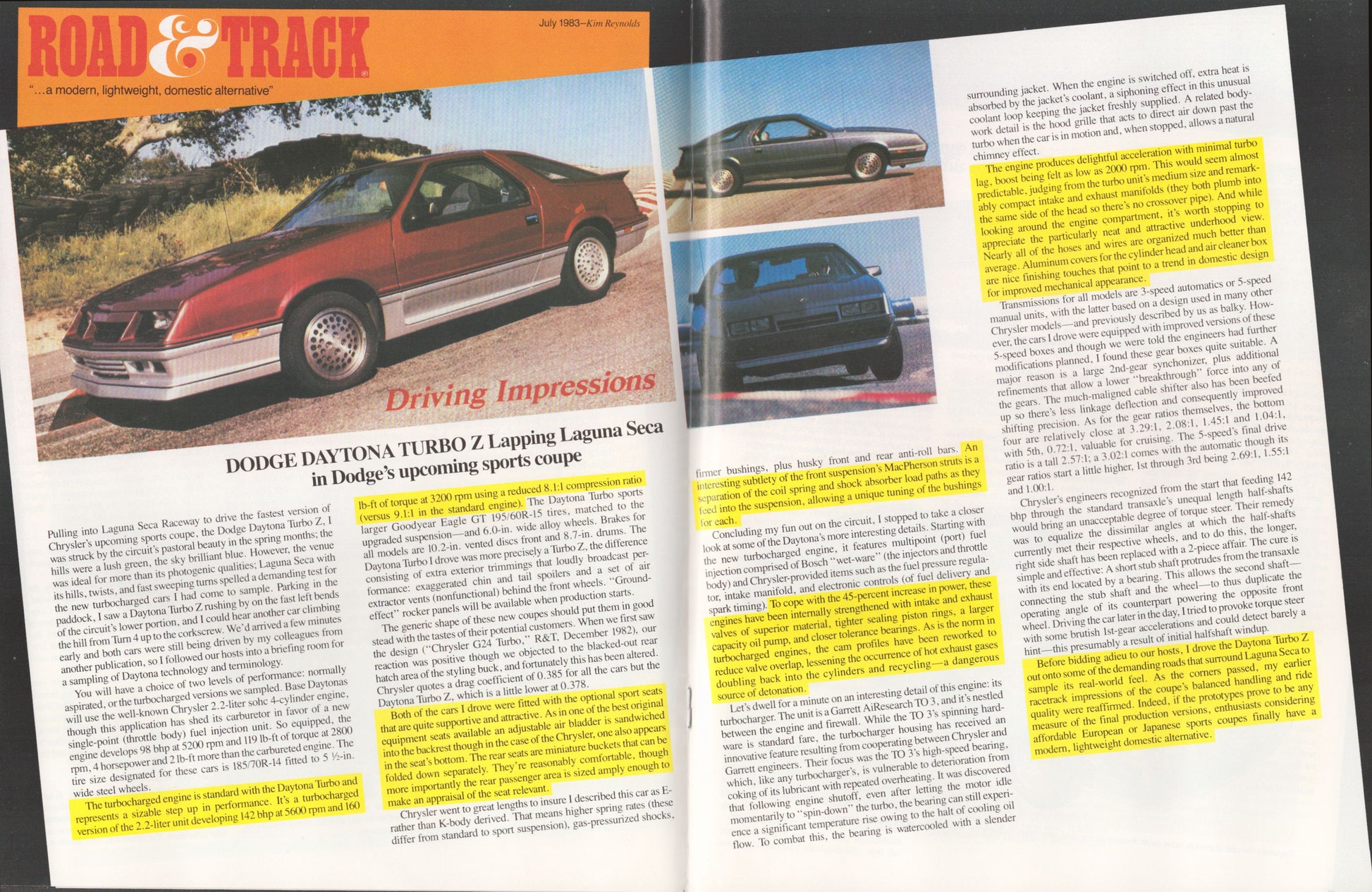 An open vintage magazine spread featuring an article about a Dodge Daytona Turbo Z. The left page shows a large photo of the red sports car, with the headline 'DODGE DAYTONA TURBO Z Lapping Laguna Seca' and columns of text below.