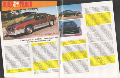 An open vintage magazine spread featuring an article about a Dodge Daytona Turbo Z. The left page shows a large photo of the red sports car, with the headline 'DODGE DAYTONA TURBO Z Lapping Laguna Seca' and columns of text below.