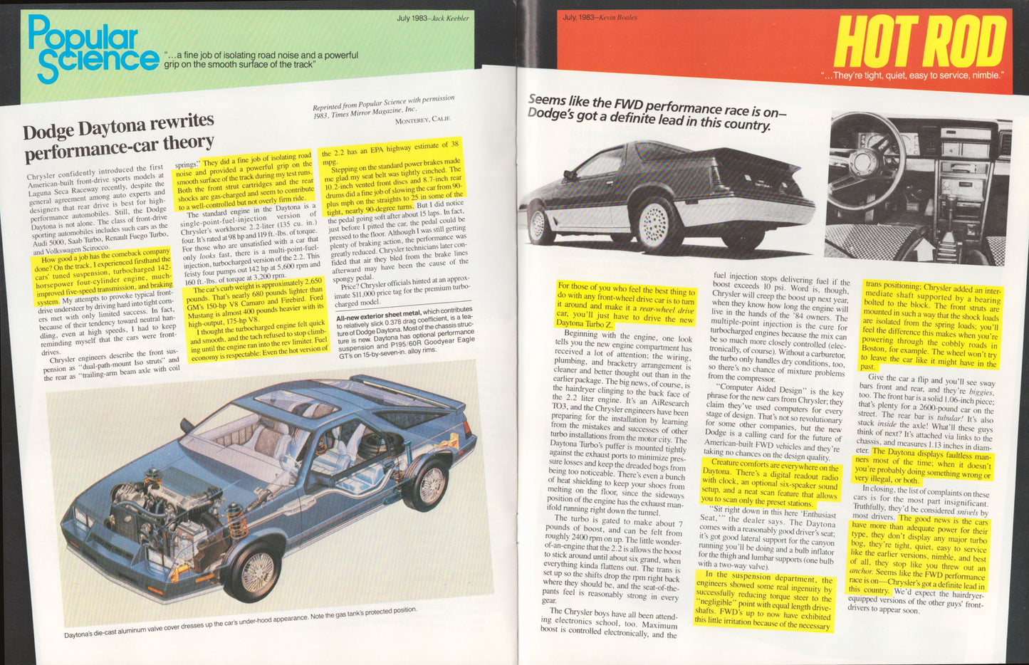 An open magazine spread featuring an article about the Dodge Daytona, with a blue car illustration on the left page and automotive text and photos on the right page. The magazine pages have a black border and are photographed against a dark background.