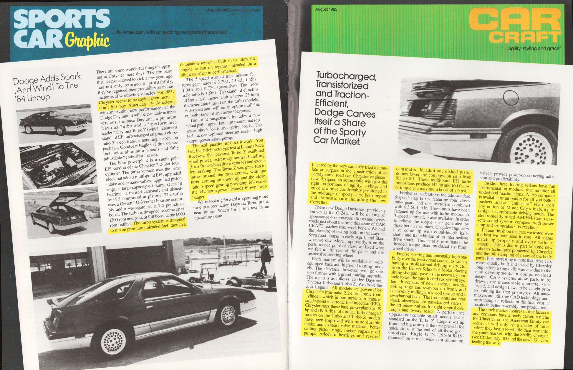 Two vintage magazine pages from Car & Driver (Sports Car Graphic issue 122) laid side-by-side, featuring articles and photos about the 1984 Dodge Charger.