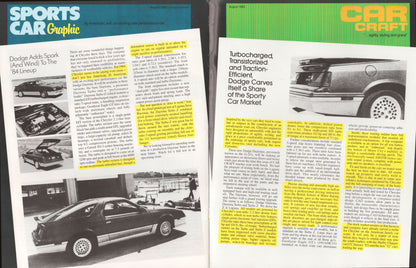 Two vintage magazine pages from Car & Driver (Sports Car Graphic issue 122) laid side-by-side, featuring articles and photos about the 1984 Dodge Charger.