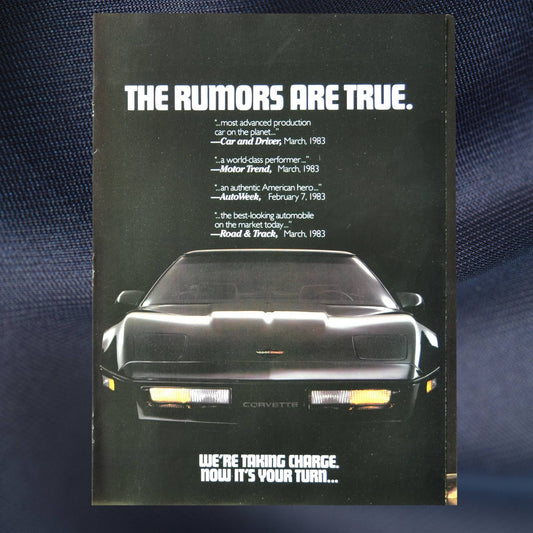 1984 Corvette ad cover – “The Rumors Are True” headline with blacked-out C4 front view