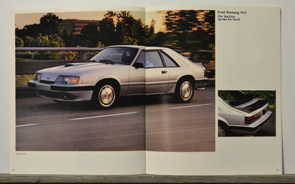 Ford Mustang SVO Cobra advertisement with car on road and close-up details.