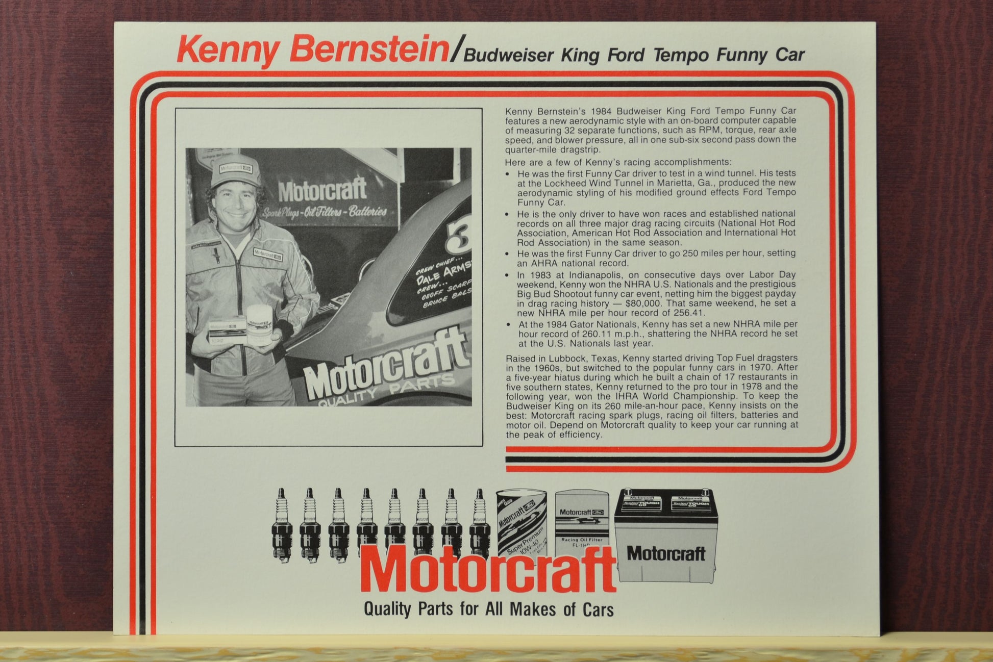 1984 Kenny Bernstein Budweiser King Funny Car hero card featuring a black-and-white image of Bernstein posing with his Motorcraft-backed Funny Car