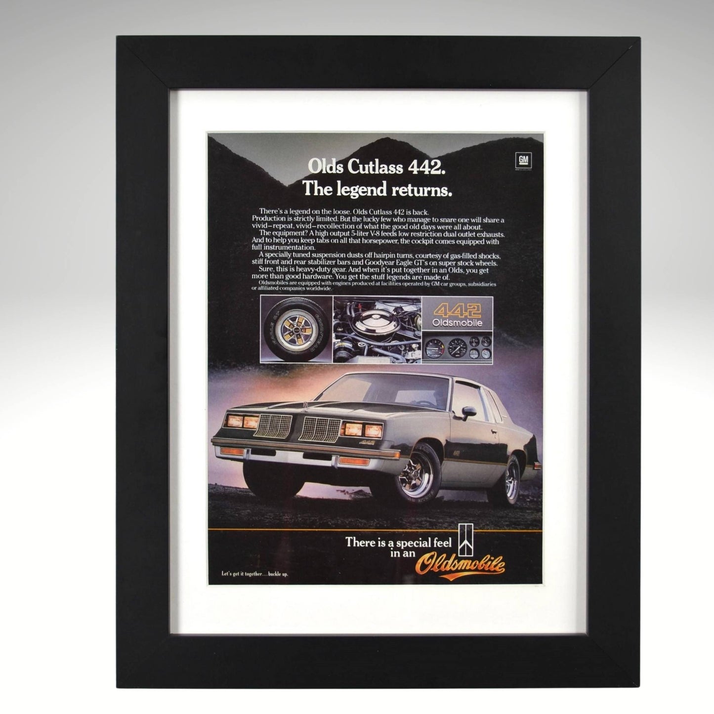Framed 1984 Oldsmobile 442 ad – vintage print with silver Cutlass, 442 badge, and performance callouts.
