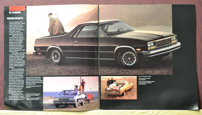 Exterior features and customization options of the 1985 Chevy El Camino SS package, detailed in an 11x12-inch dealer brochure.