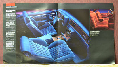 Interior features and customization options of the 1985 Chevy El Camino SS package, detailed in an 11x12-inch dealer brochure.