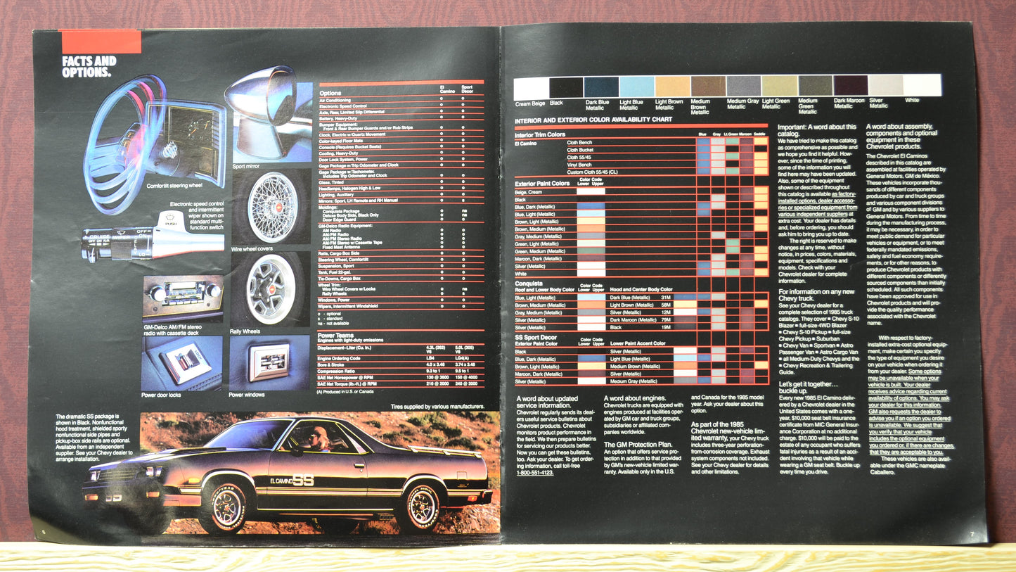 Technical specifications and color options for the 1985 Chevy El Camino, shown in an 11x12-inch dealer brochure.