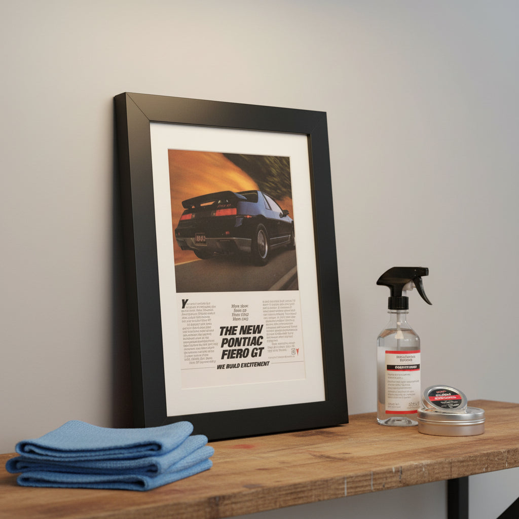A framed vintage car advertisement print featuring a black Pontiac Fiero GT, shown at a three-quarter angle against a light gray gradient background.