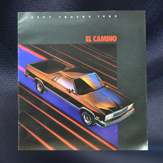 1985 Chevy El Camino dealer brochure featuring the dramatic SS package in black with bold styling, 11x12 inches.