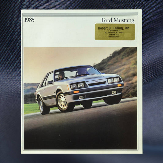 Featuring a classic Mustang GT on the front cover from the 1985 dealer brochure.