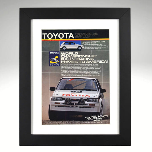 1986 Toyota Corolla FX-16 olympus rally wrc ad framed 12x15 print