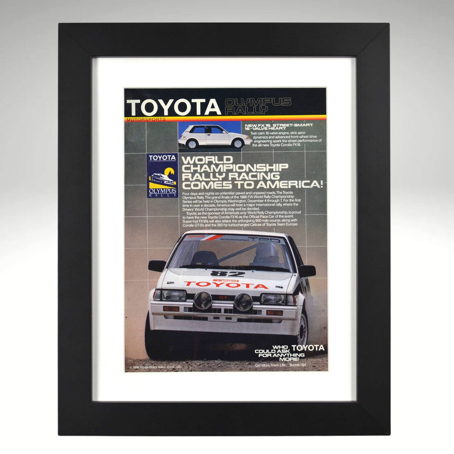 1986 Toyota Corolla FX-16 olympus rally wrc ad framed 12x15 print