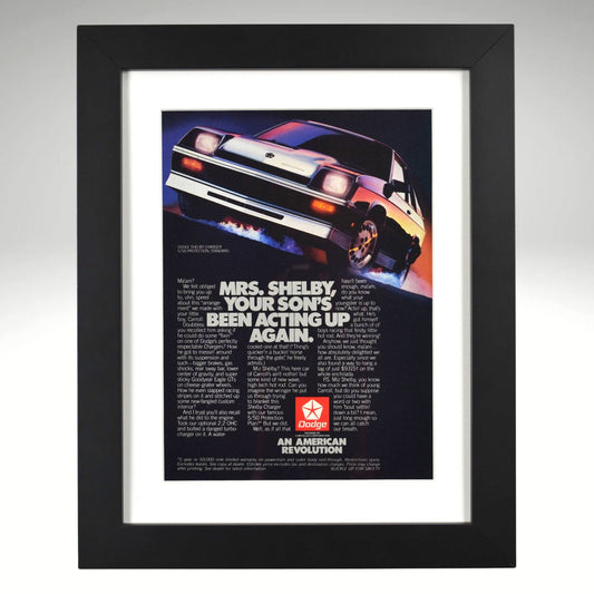 1986 Dodge Shelby Charger mrs shelby ad framed 12x15 print