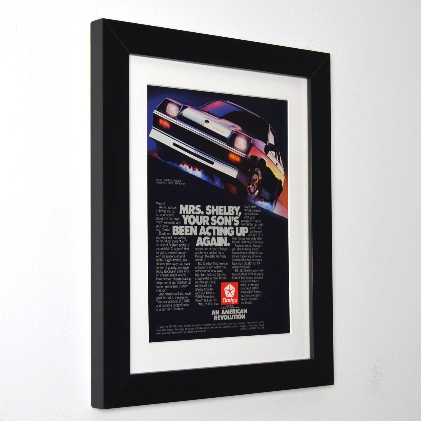 1986 Dodge Shelby Charger mrs shelby ad framed 12x15 print side view
