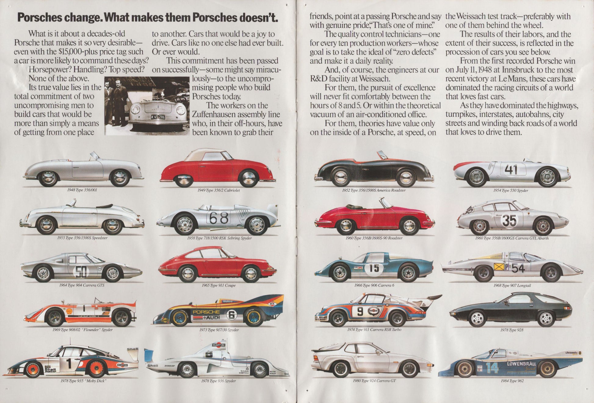Porsche car models displayed on a printed page with text.