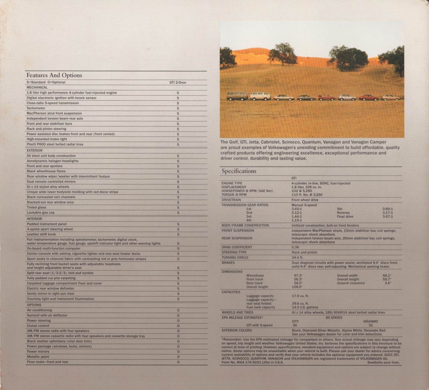 986 Volkswagen GTI brochure specifications features options original six page bi-fold back cover