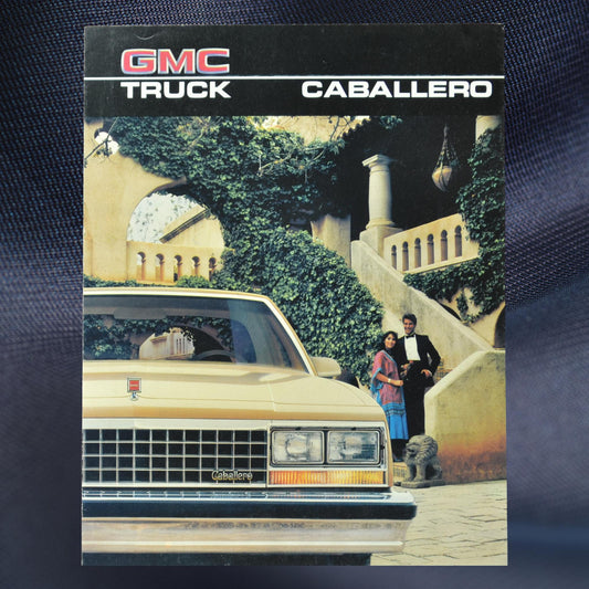 1986 GMC Caballero dealer brochure front cover featuring the sleek Amarillo trim in a two-tone paint scheme, parked in front of a Spanish villa