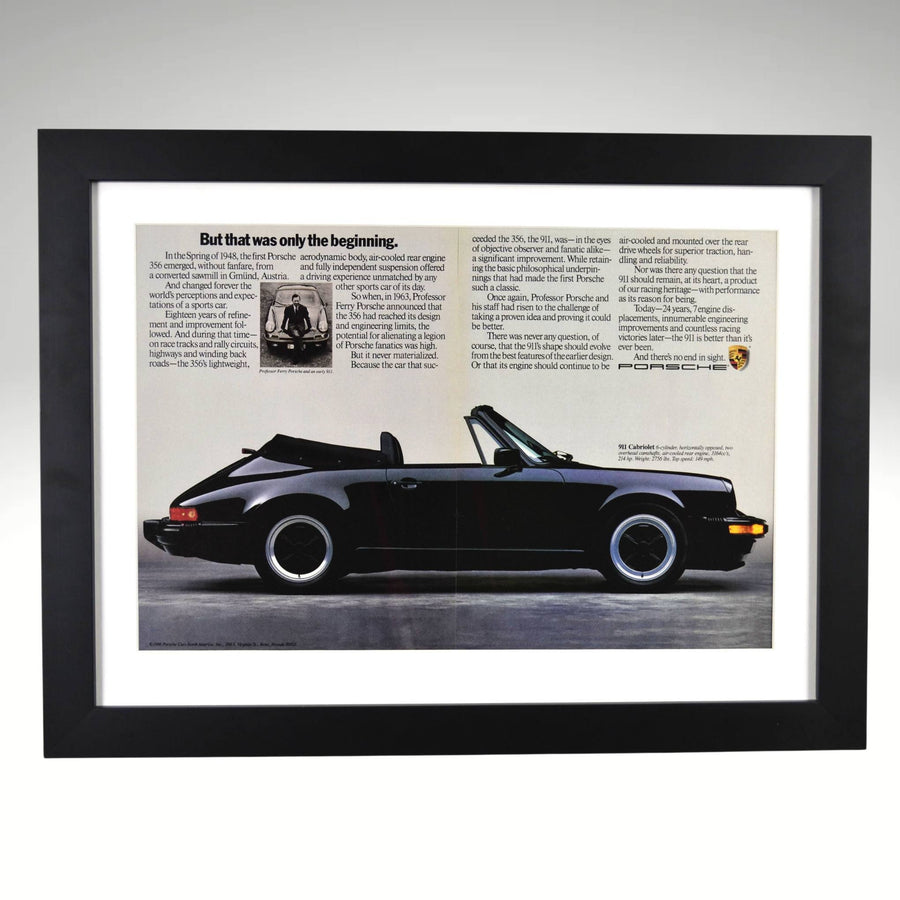 Framed 1986 black Porsche 911 Cabriolet print ad – vintage air-cooled Porsche artwork