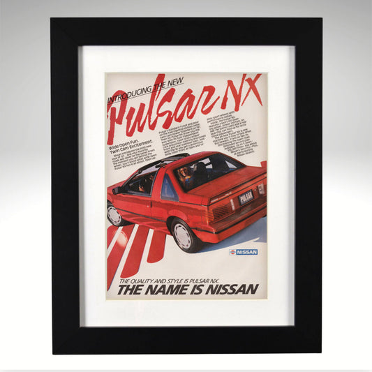 1987 Nissan Pulsar NX framed vintage print 12x15 red hatchback 80s car wall art garage decor