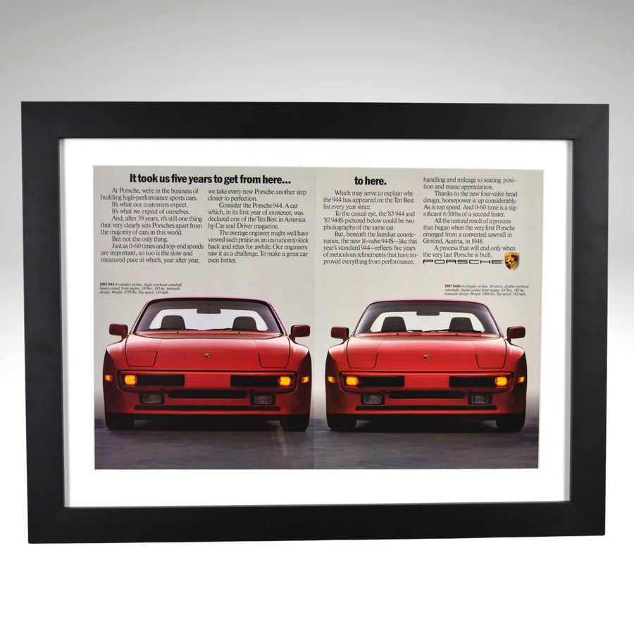 Framed Red 1987 Porsche 944S print ad – side-by-side 944 evolution artwork

