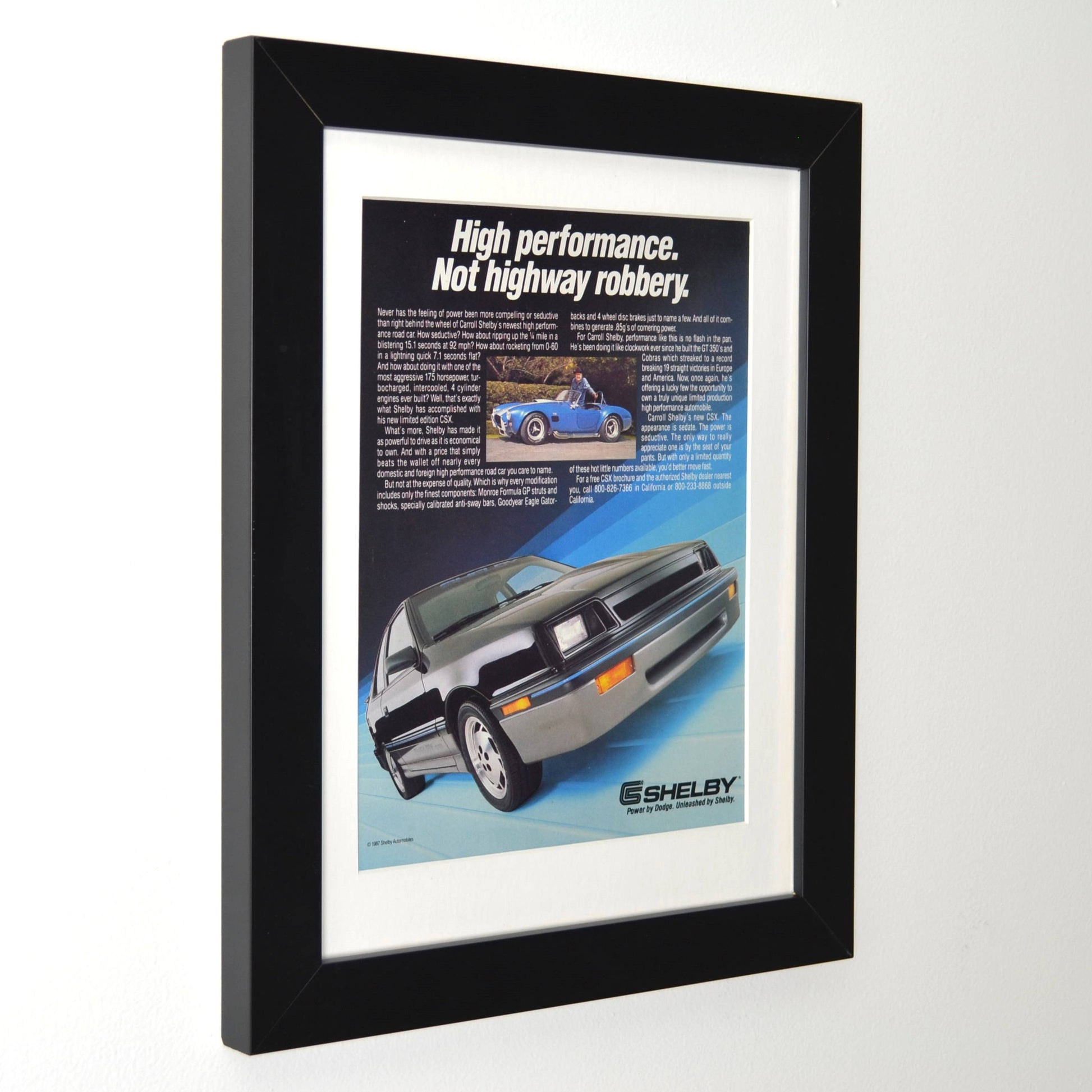 Side view of framed 1987 Shelby CSX vintage print ad – classic turbo Mopar wall art, Shelby collectibles