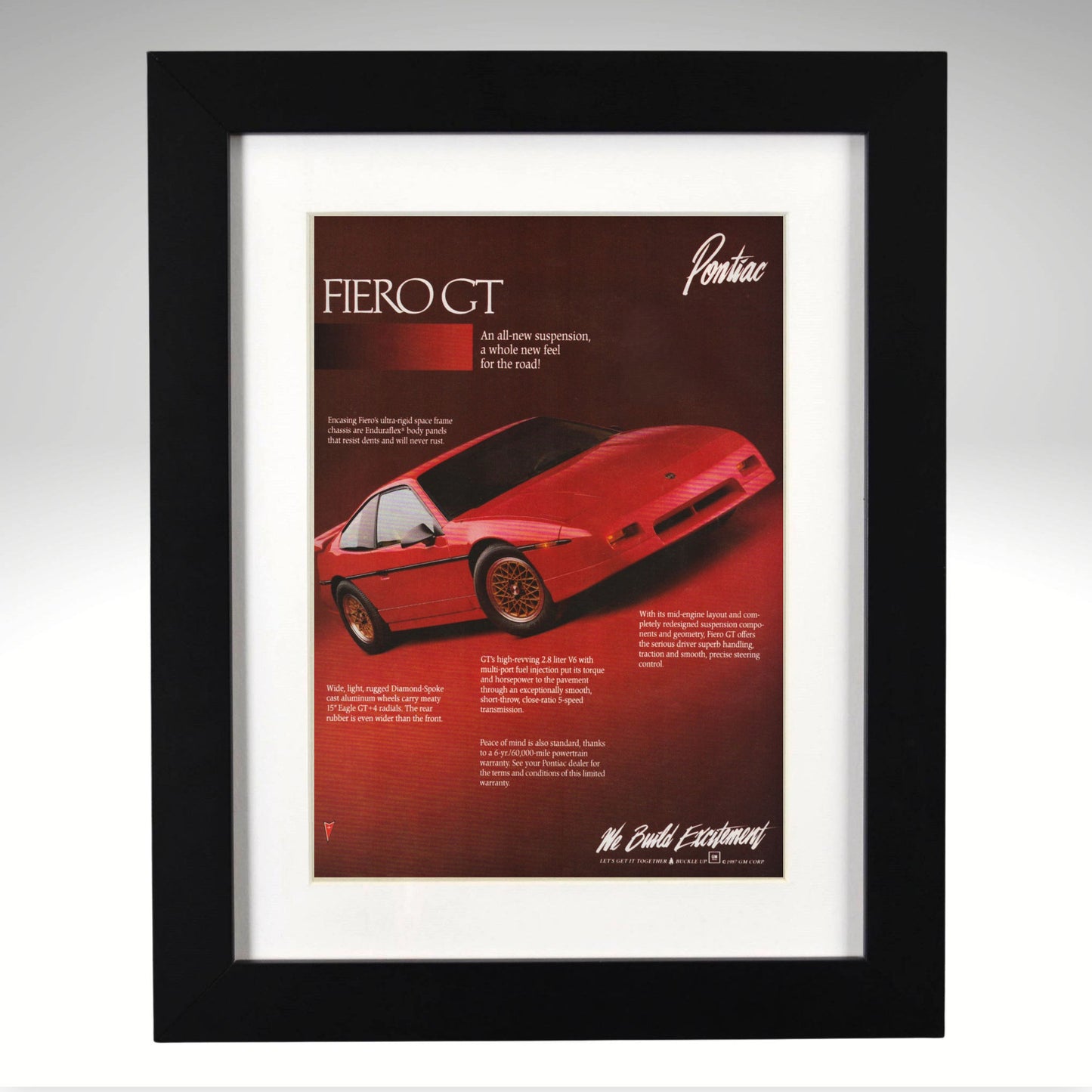 1988 Pontiac Fiero GT framed vintage advertisement black wood frame 12x15