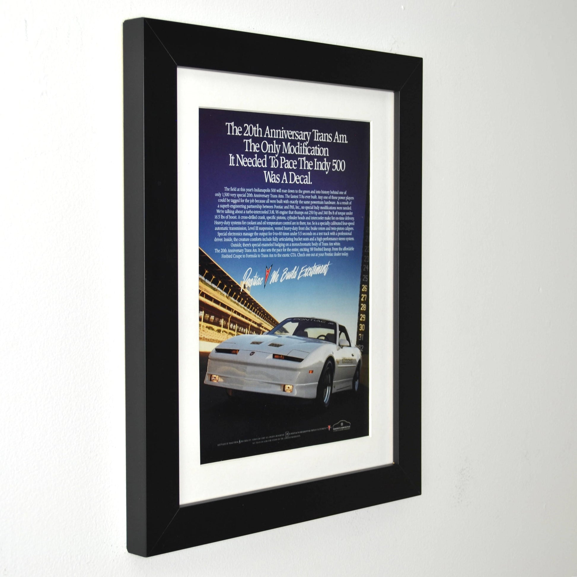Framed 1989 Pontiac Trans Am Indy 500 Pace Car Ad – Vintage Print Wall Art for Garage Decor side view