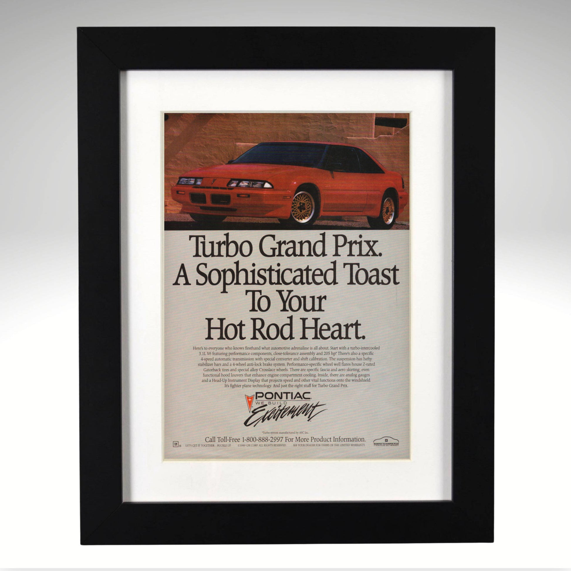 1989 Pontiac Turbo Grand Prix red car original ad framed print
